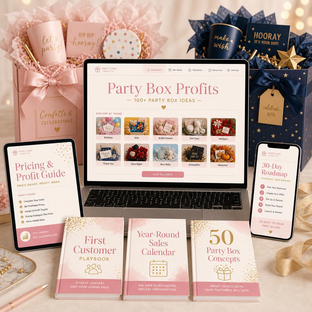 Party Box Profits digital product bundle — dashboard, pricing guide, roadmap, playbooks and party boxes