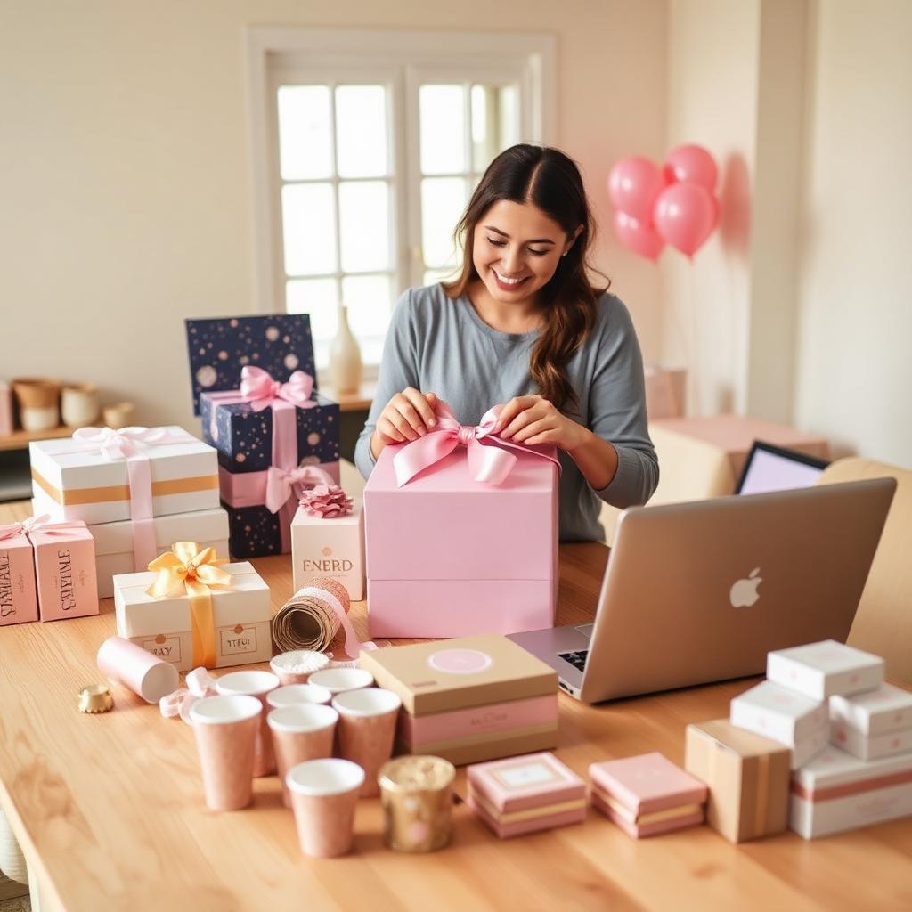 Woman assembling Party Boxes at her home studio